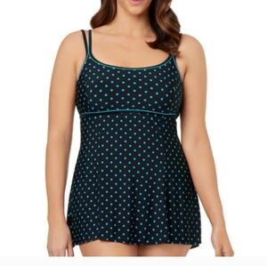 Le Cove Plus Size Swim Dress Black With Turquoise Polka Dot Size 20W